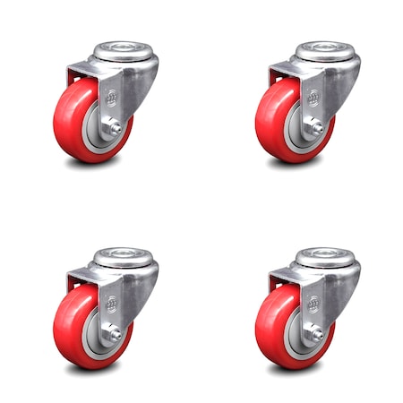 Service Caster 3 Inch Red Polyurethane Wheel Swivel Bolt Hole Caster Set SCC-BH20S314-PPUB-RED-4
